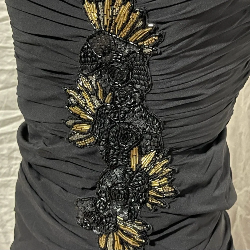 Badgley Mischka Collection black silk strapless ruched side sequin fitted dress - Picture 6 of 13